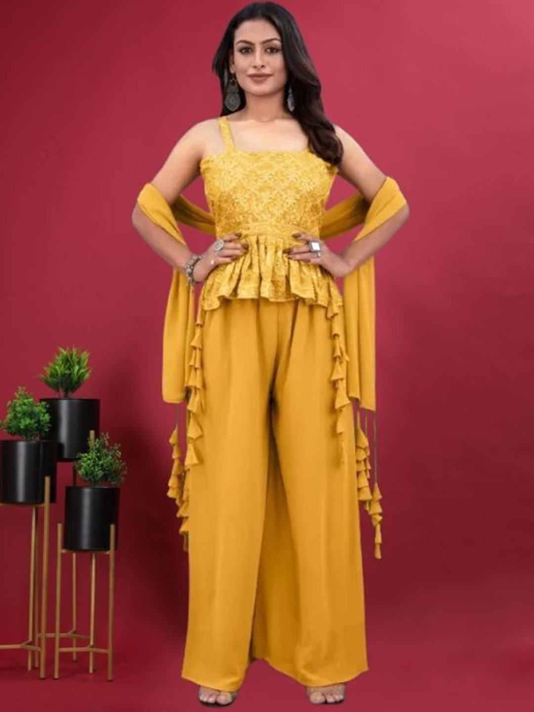 

PARROT CREATION Ethnic Motifs Embroidered Georgette A-Line Kurti With Palazzos And Dupatta, Yellow