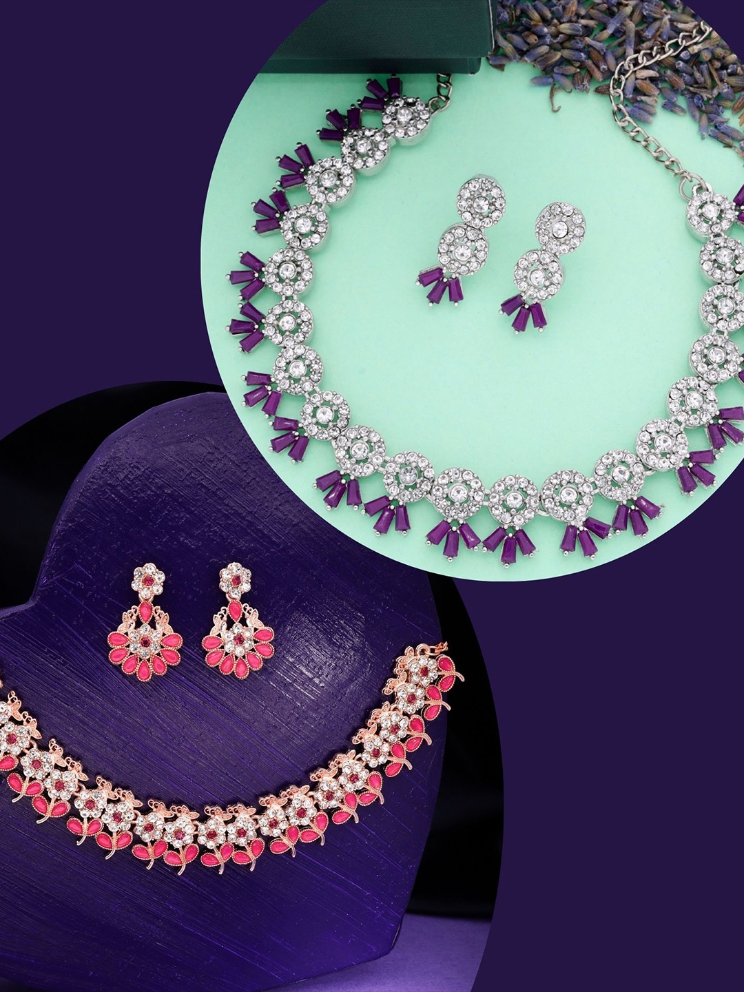 

DIVASTRI Set Of 2 Rose Gold & Silver-Plated American Diamonds Studded Jewellery Set