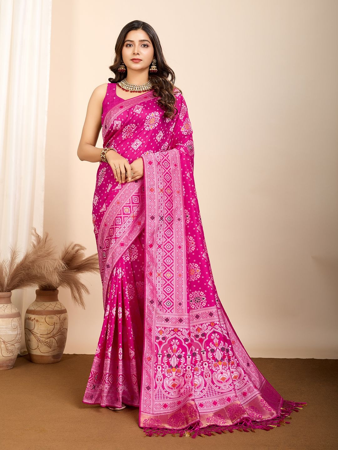 

ORUS Woven Design Zari Pure Silk Patola Saree, Pink