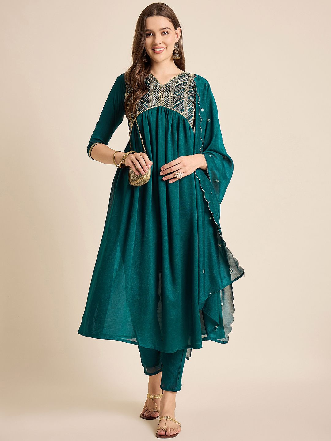 

Anouk Rustic Ethnic Motifs Yoke Design V Neck Sequinned Kurta With Trousers & Dupatta, Teal
