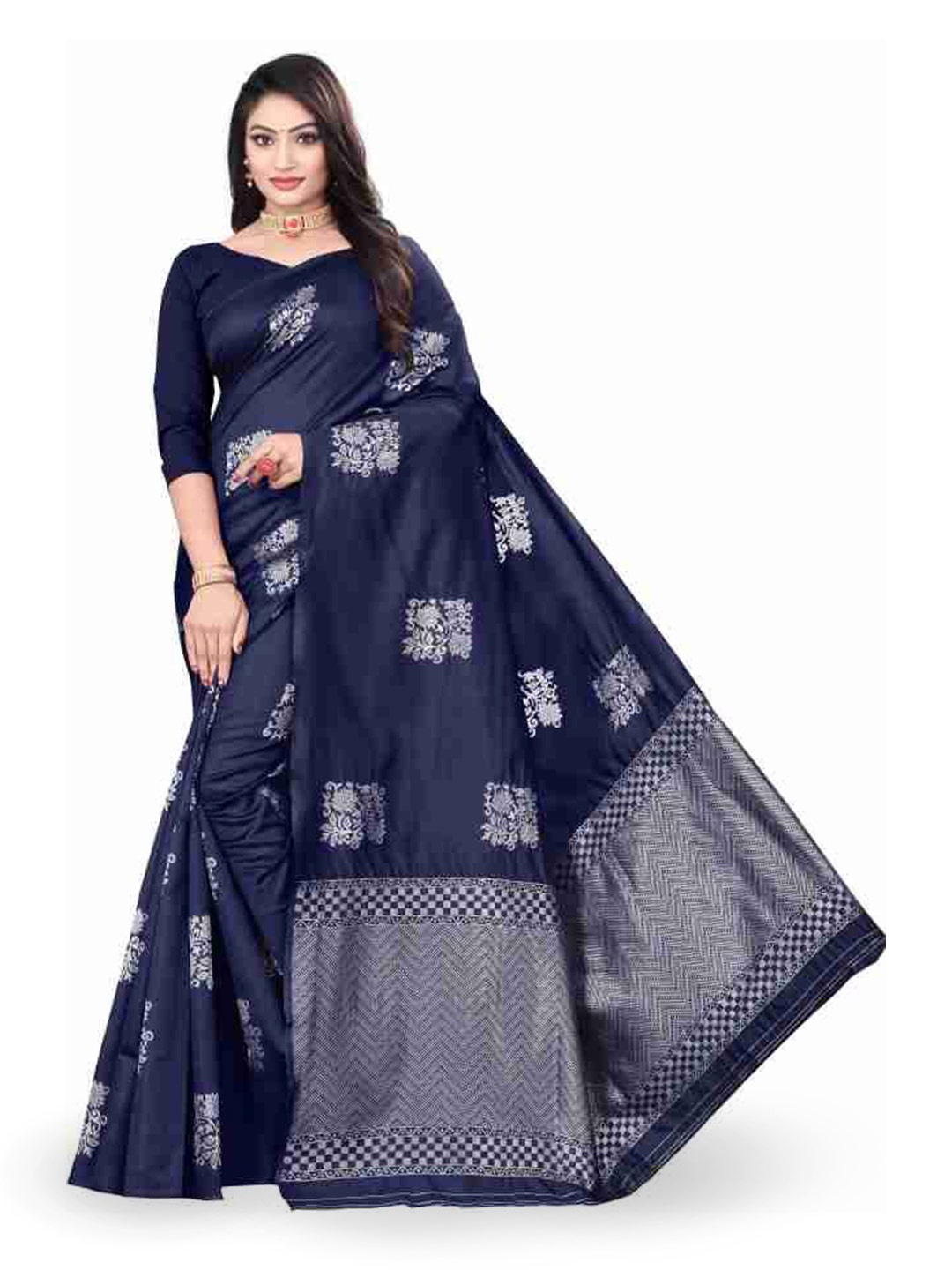 

Aika Woven Design Zari Pure Silk Banarasi Saree, Navy blue