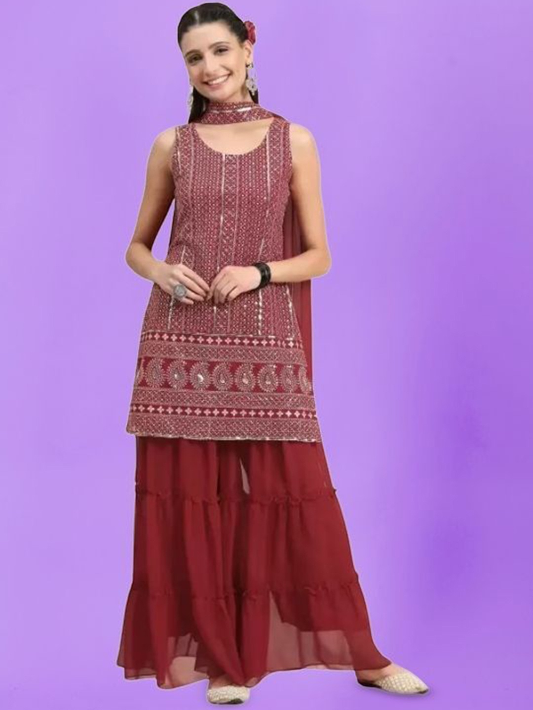 

PARROT CREATION Women Embroidered Regular Sequinned Kurti with Sharara & With Dupatta, Maroon