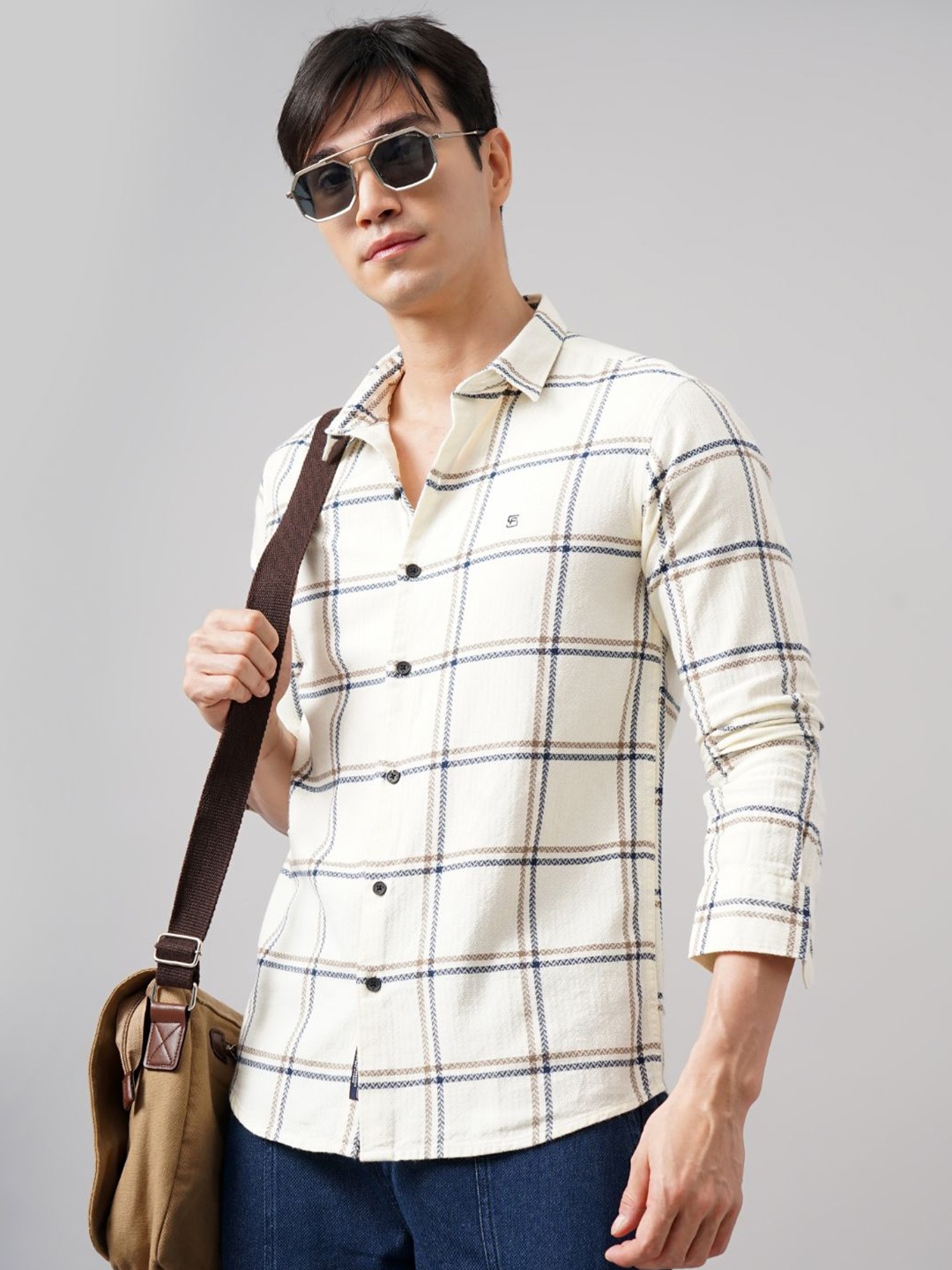 

PAUL STREET Men Standard Slim Fit Opaque Checked Casual Shirt, Cream