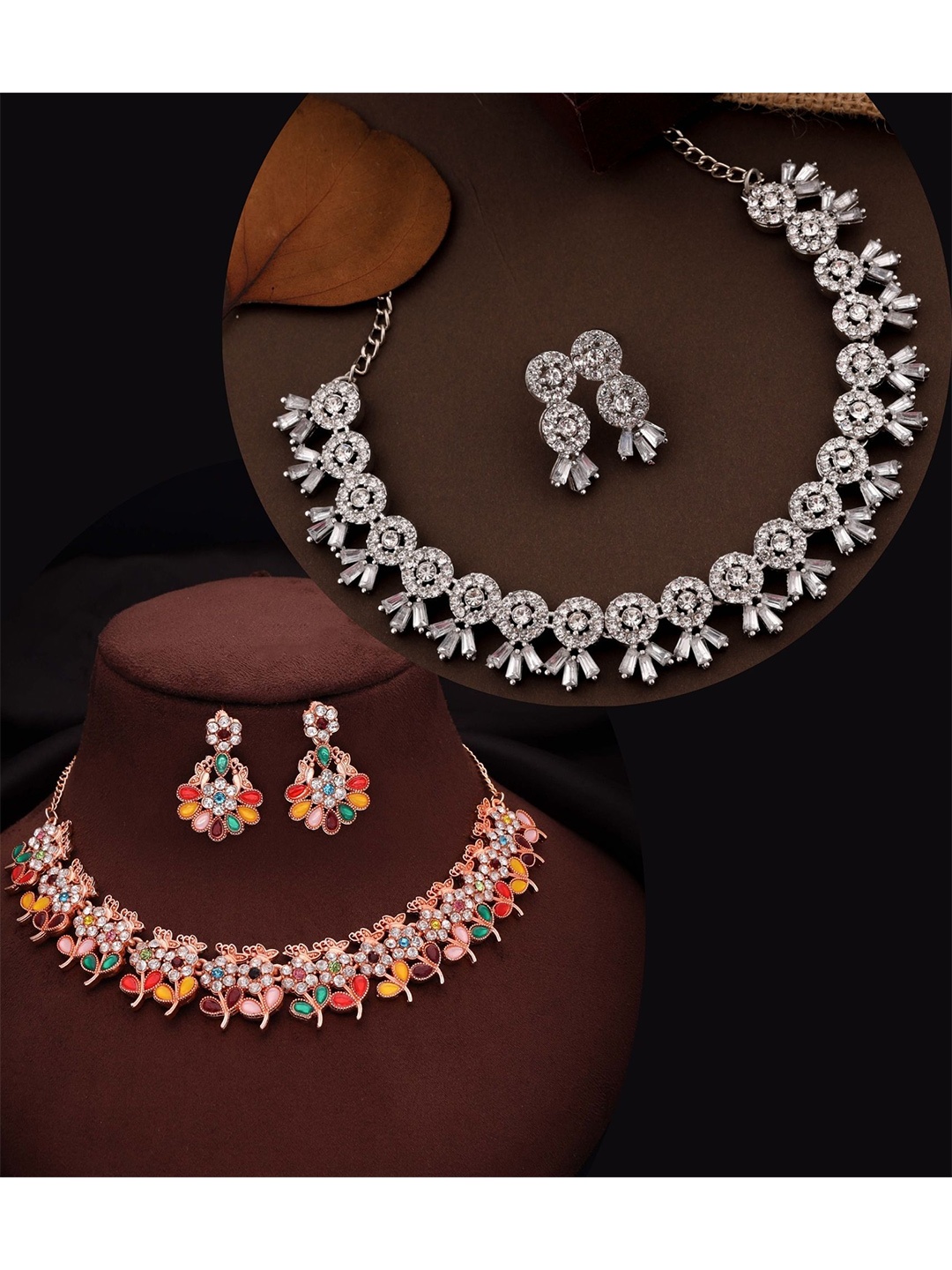 

DIVASTRI Set Of 2 Rose Gold & Silver-Plated American Diamond Studded Jewellery Set