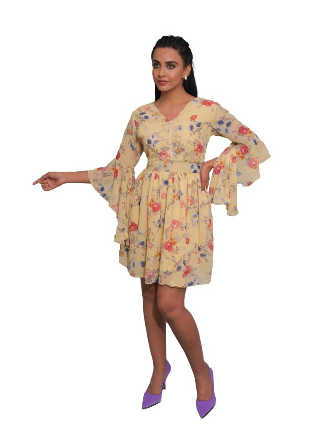 

URBAN KANYA Floral Print Bell Sleeve Georgette Fit & Flare Dress, Yellow