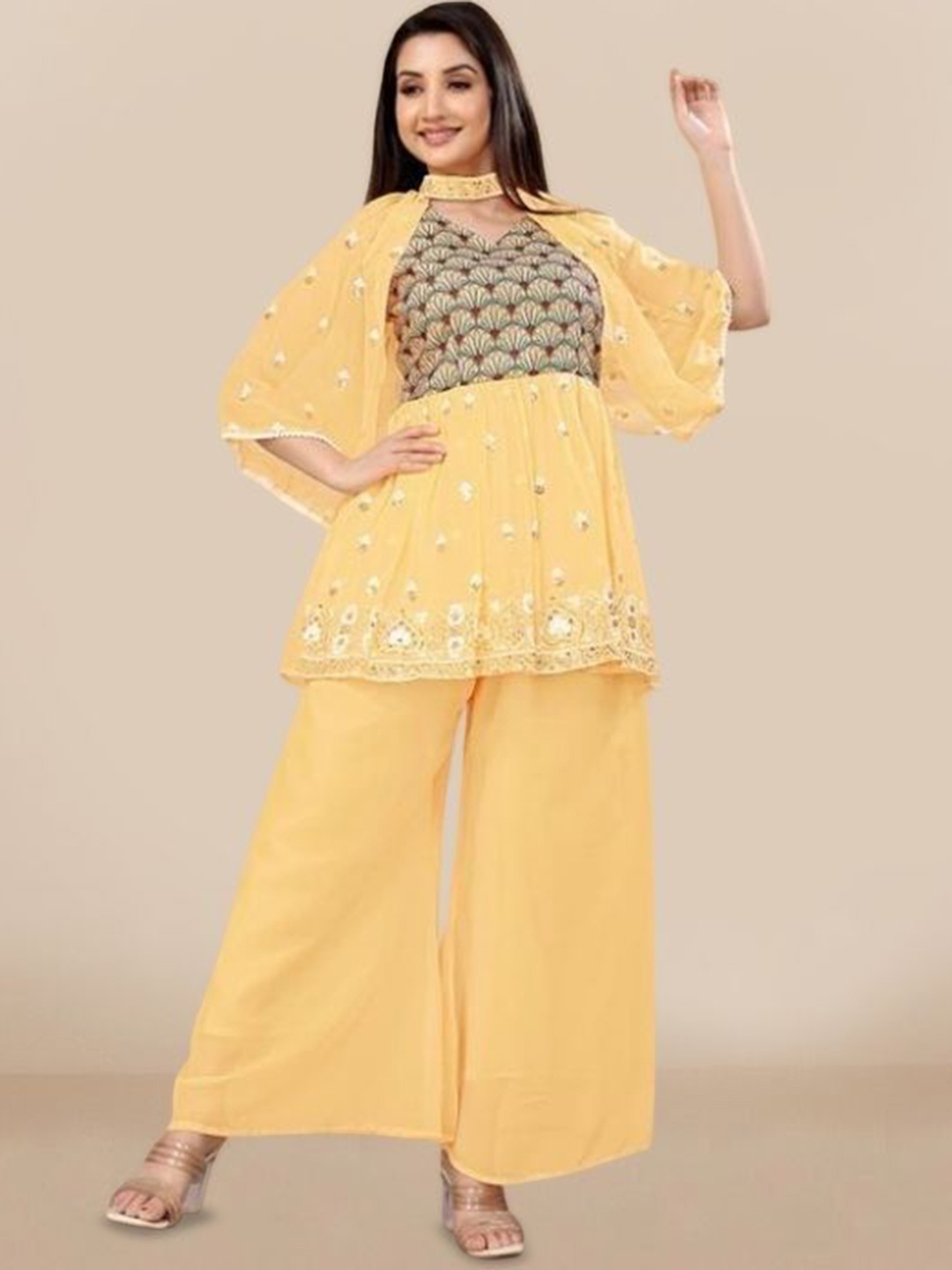 

PARROT CREATION Floral Embroidered V-Neck Georgette A-Line Kurti With Palazzos And Cape, Yellow