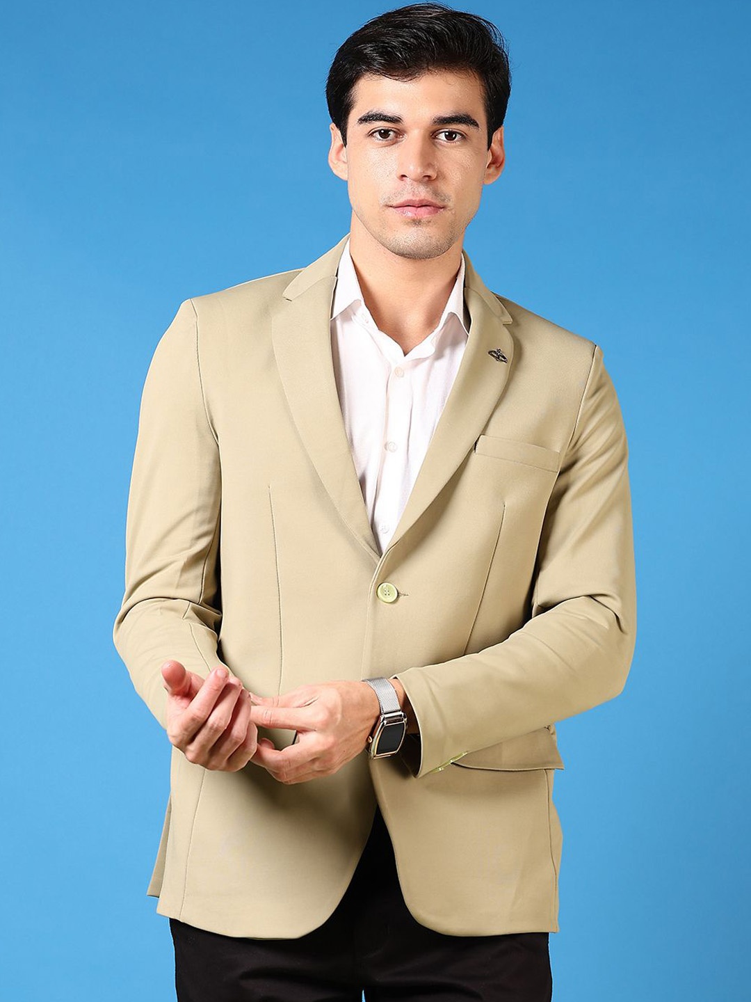 

V-Mart Cotton Notched Lapel Single Breasted Blazer, Beige
