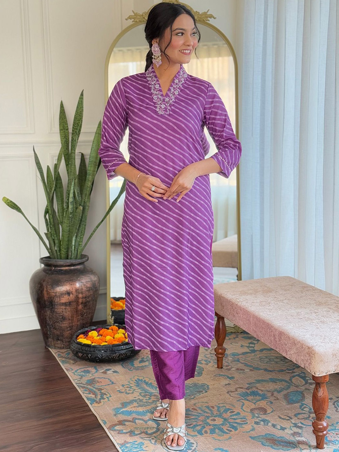 

KALINI Striped Thread Work Straight Kurta With Trousers & Dupatta, Purple