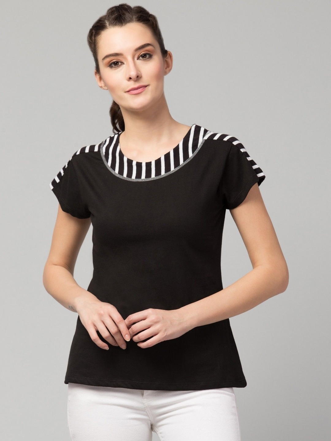 

CLOTHY Women Typography Cut Outs T-shirt, Black