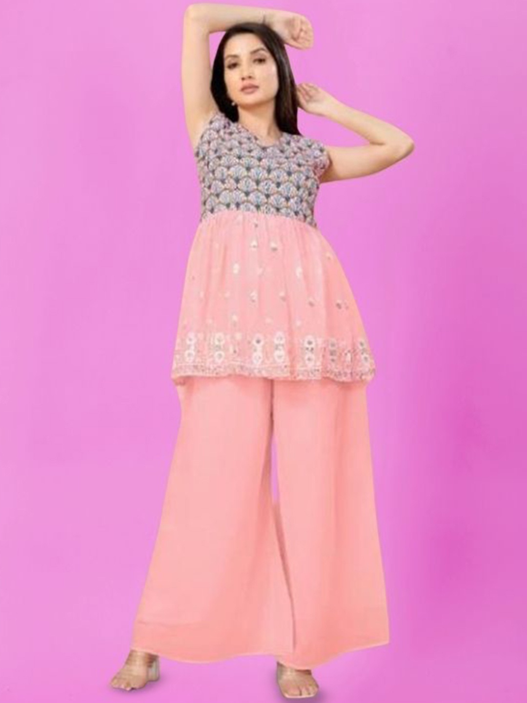 

PARROT CREATION Floral Embroidered Georgette V-Neck Kurti With Palazzos & Jacket, Pink