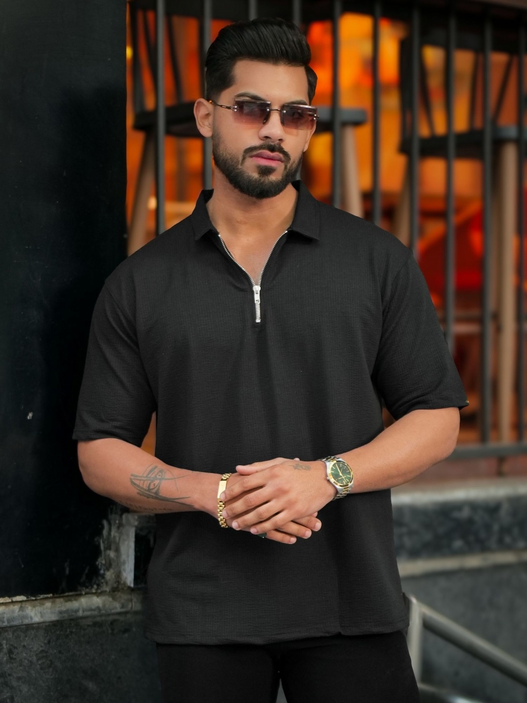 

Maniac Men Solid Polo Collar Cotton Oversized T-shirt, Black