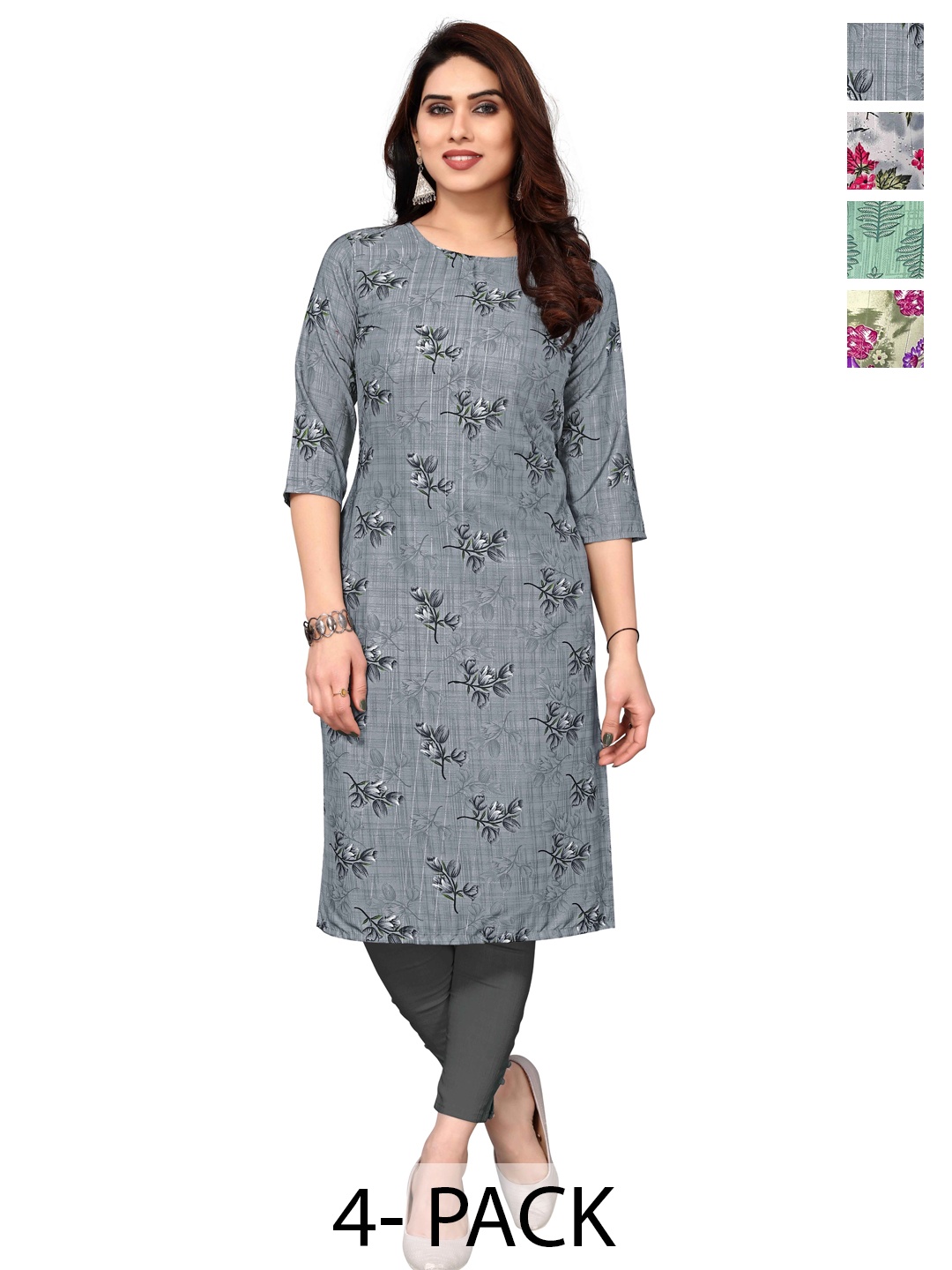 

KETAKI FASHION Selection Of 4 Floral Printed Round Neck Straight Kurtas, Grey