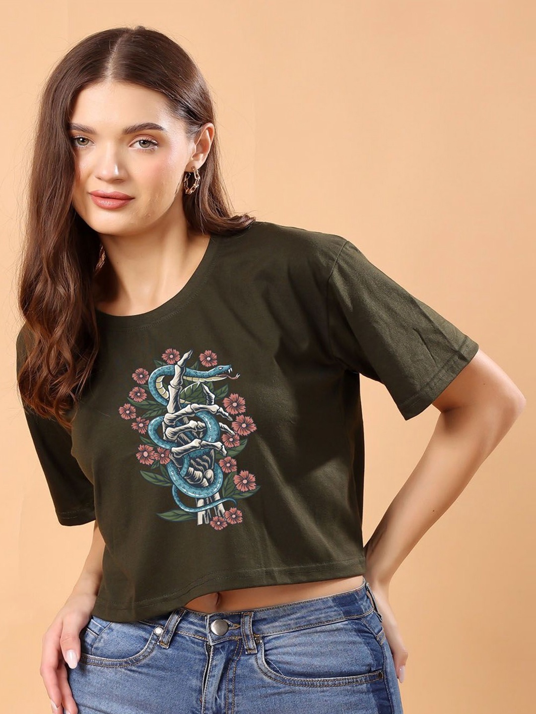 

SWIFTLY Women Bio Finish Graphic Printed Round Neck Cotton Oversized T-shirt, Olive
