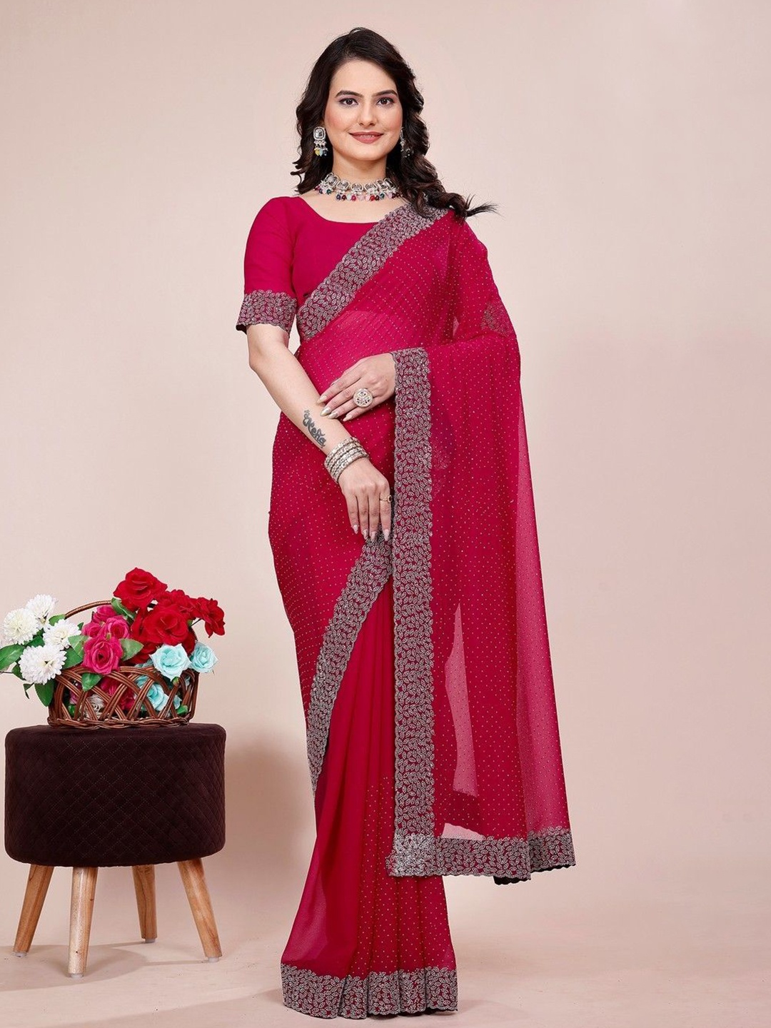 

K 5 Fashion Embellished Beads and Stones Pure Georgette Saree, Maroon