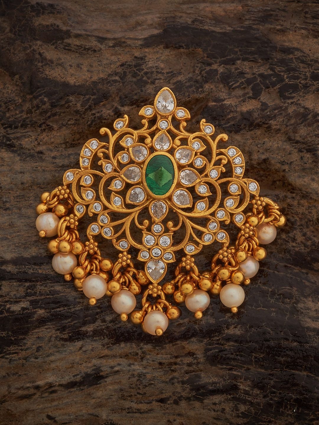 

Kushal's Fashion Jewellery 92.5 Silver Gold-Plated Zircon Studded & Beaded Floral Pendant