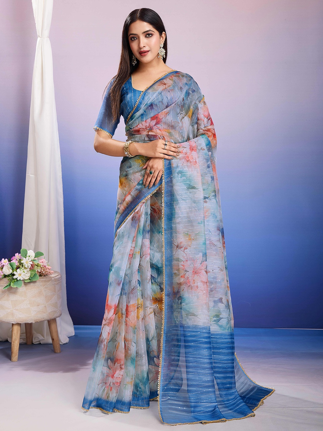 

Mitera Floral Sequinned Organza Designer Saree, Blue