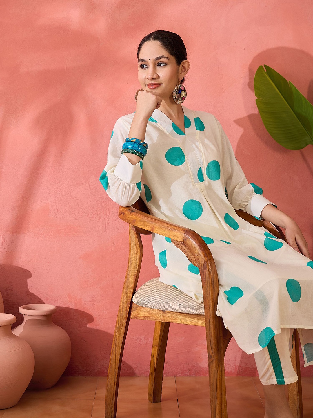 

Sangria Geometric Printed V-Neck Pure Cotton A-Line Kurta With Trouser, Off white