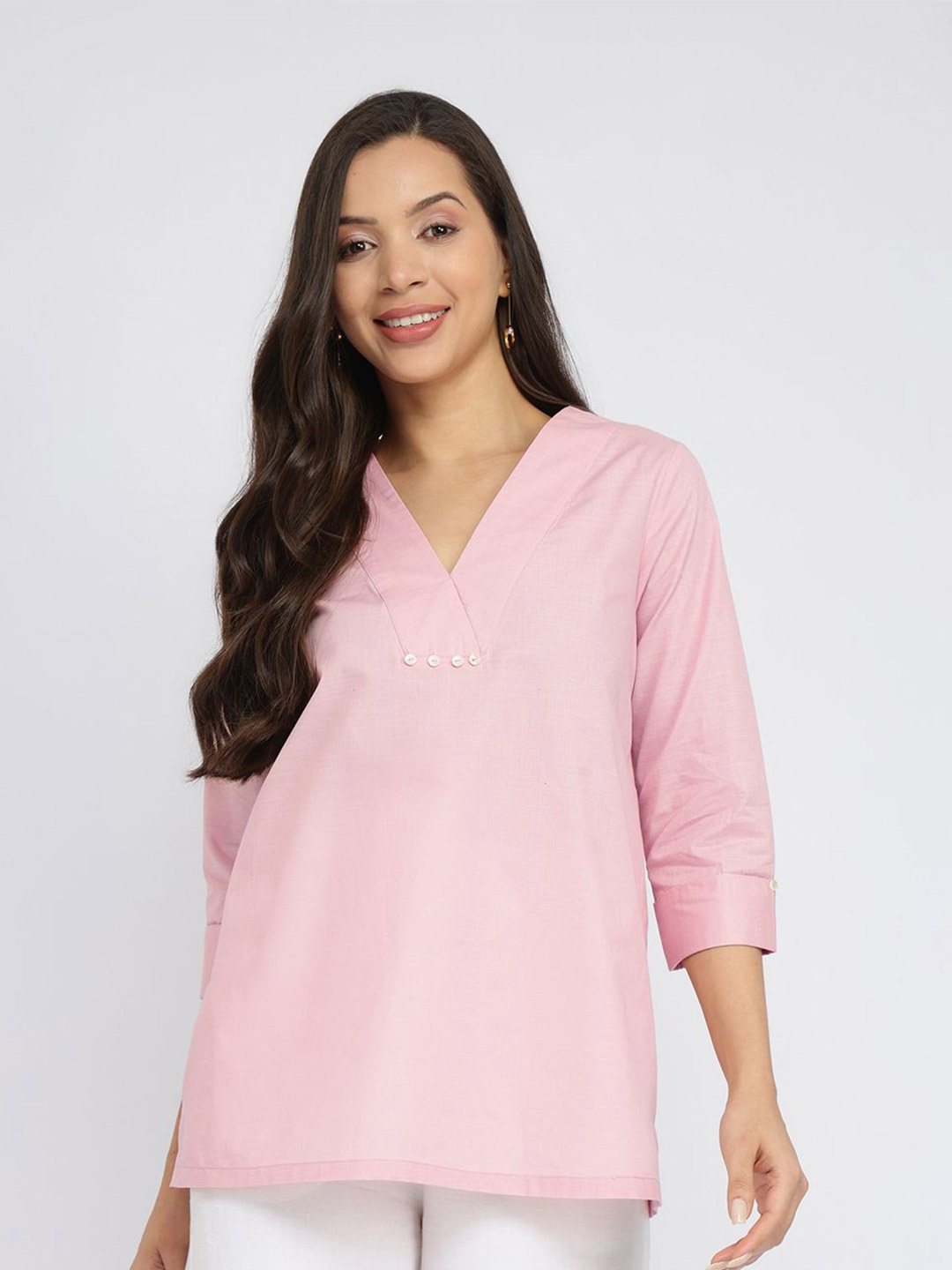 

Pink Fort Women Cotton Solid Button Detail Top
