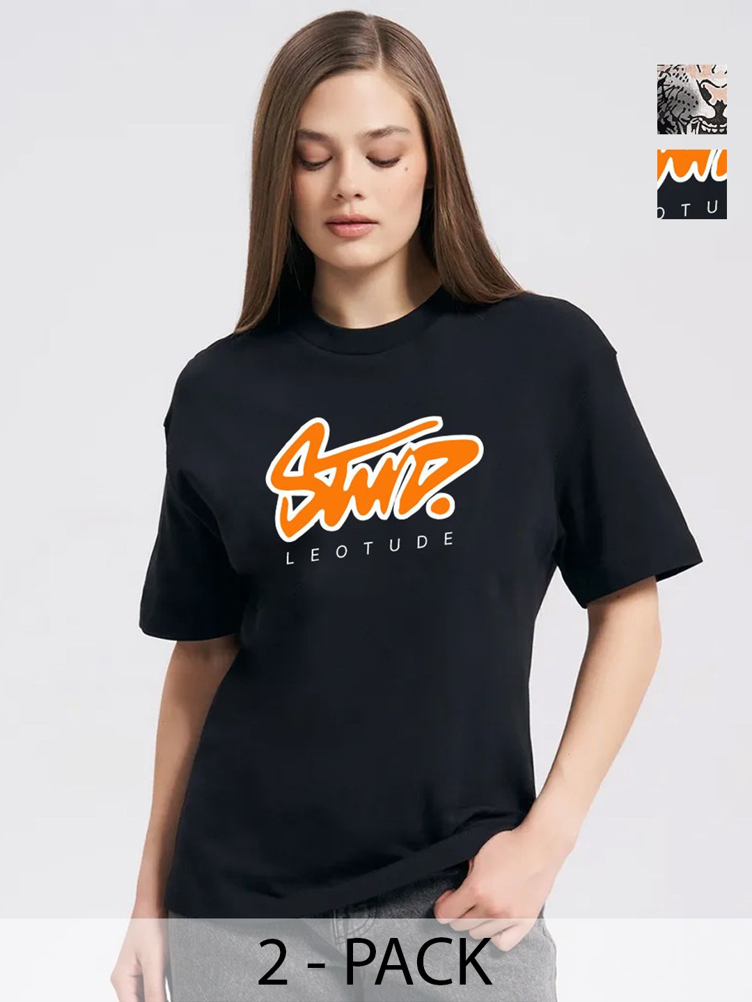

Leotude Women Pack Of 2 Graphic Printed Round Neck Cotton Oversized T-shirts, Black