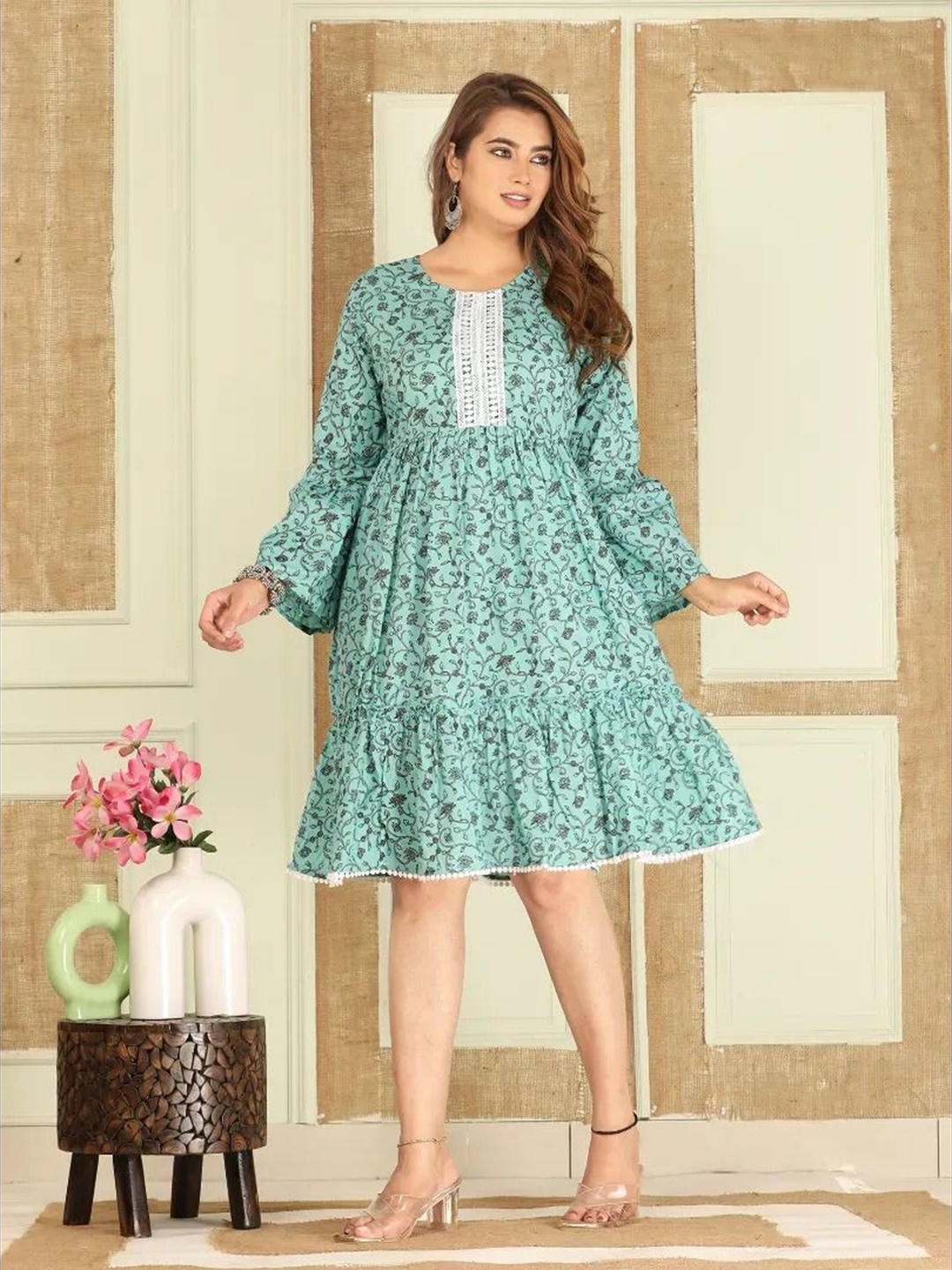 

Aaheli Women Floral Printed Aqua Dream Printed Dress, Turquoise blue