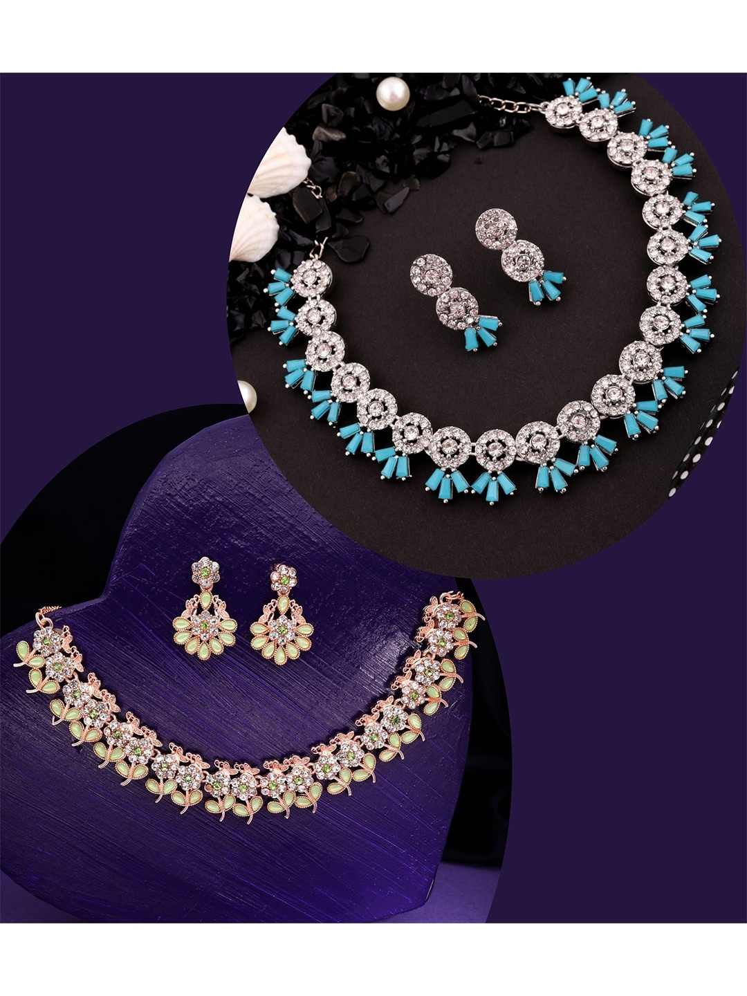 

DIVASTRI Set Of 2 Rose Gold & Silver-Plated Stone Studded Jewellery Set
