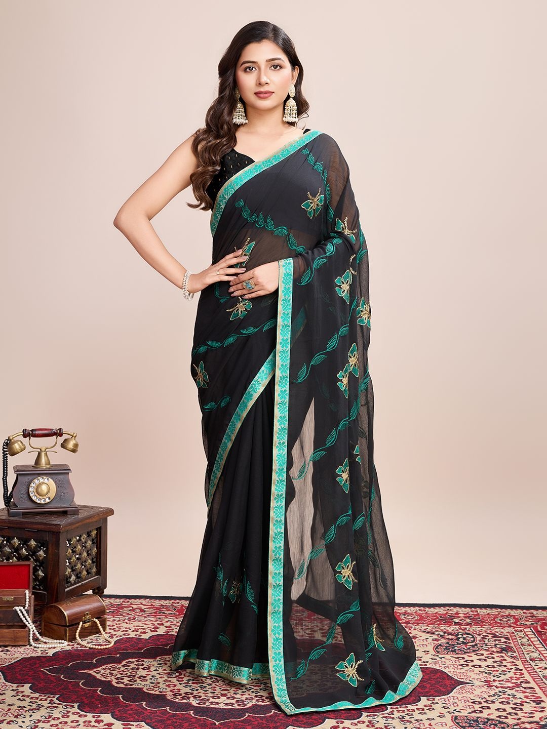 

ORUS Embellished Embroidered Pure Georgette Saree, Black