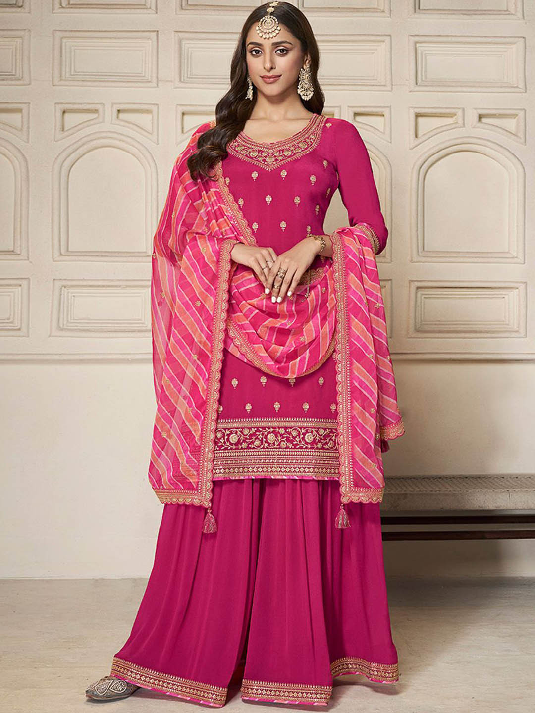 

Seerat Floral Embroidered Silk Chiffon Straight Kurti With Sharara & Dupatta, Pink