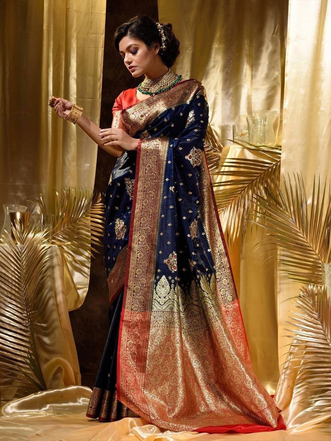 

LADY SHOPI Woven Design Zari Pure Silk Banarasi Saree, Navy blue