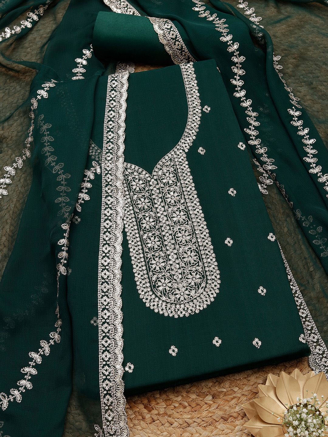 

Soch Floral Embroidered Sequinned Unstitched Dress Material, Green