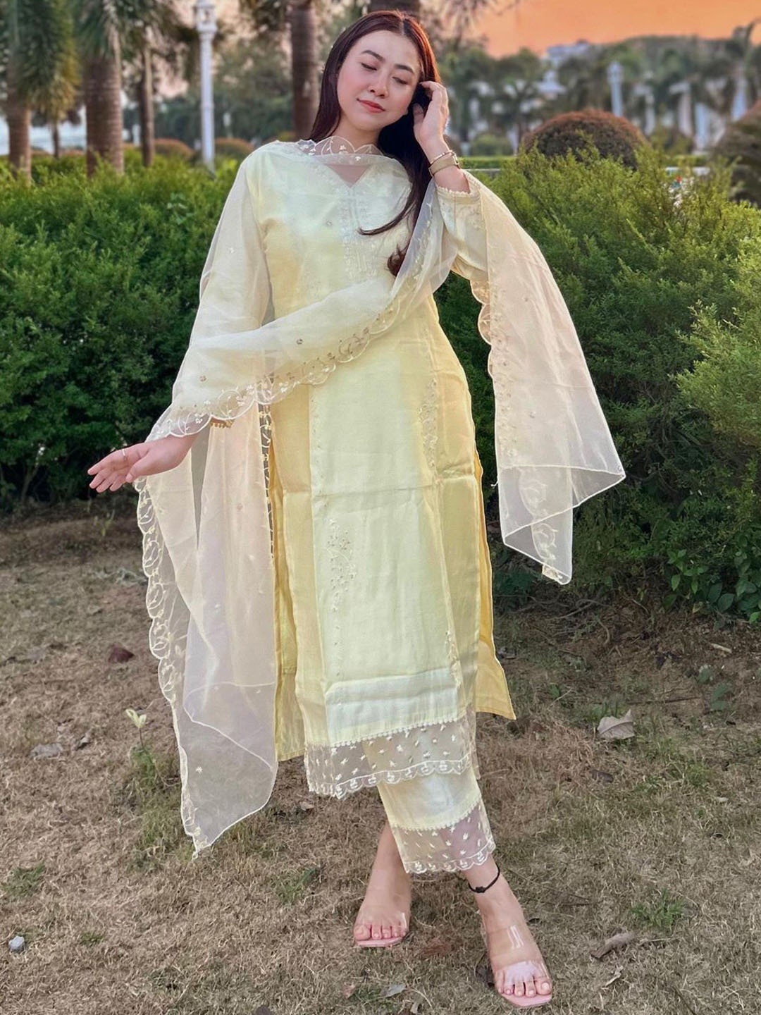 

VredeVogel Floral Embroidered V-Neck Thread Work Straight Kurta With Trouser And Dupatta, Yellow