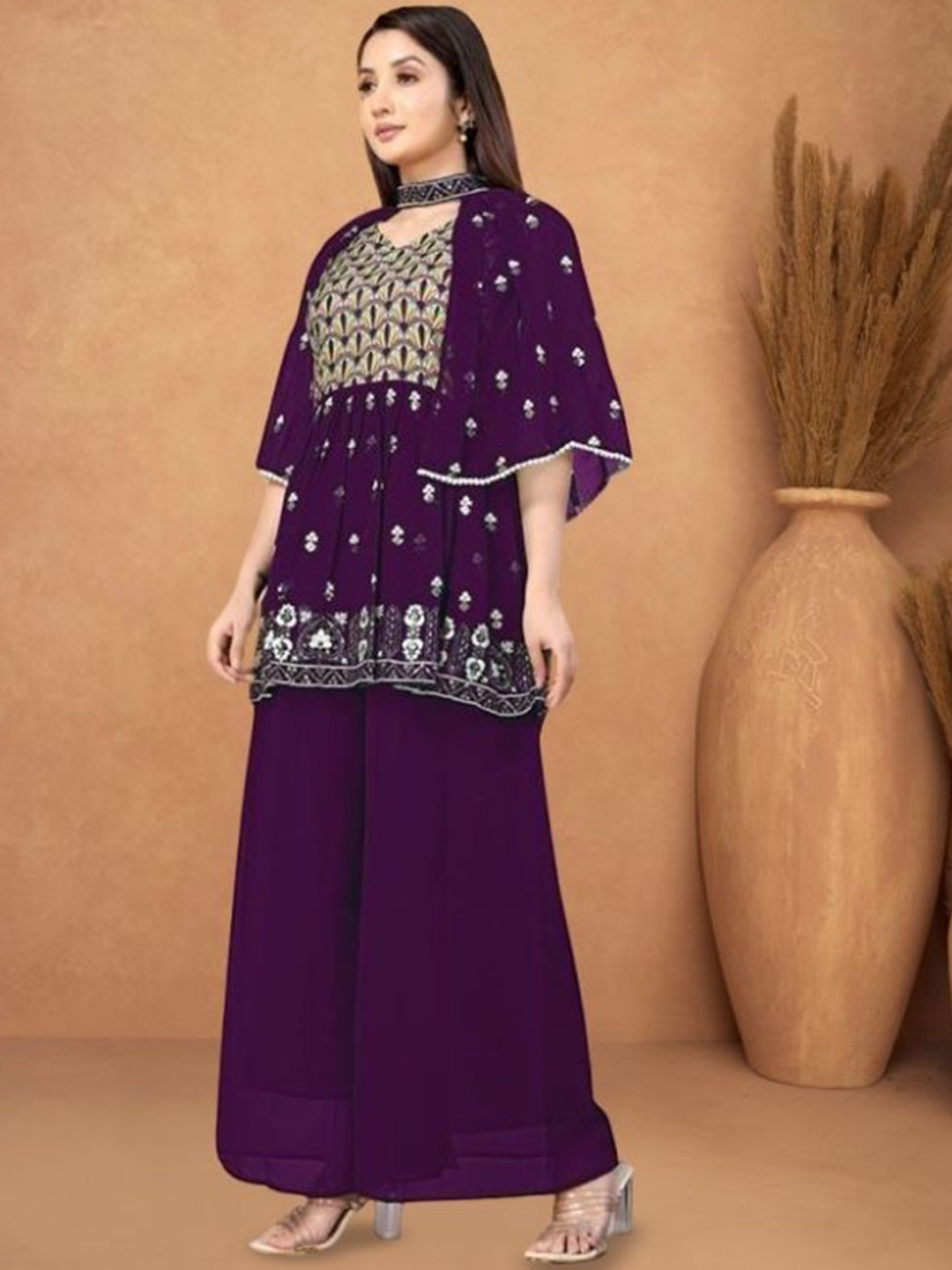 

PARROT CREATION Floral Embroidered Georgette V-Neck Kurti With Palazzos & Jacket, Purple