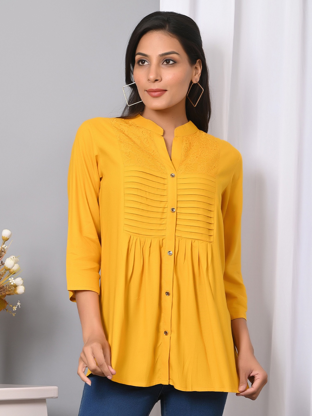 

VYMO Embellished Mandarin Collar Cotton Top, Mustard