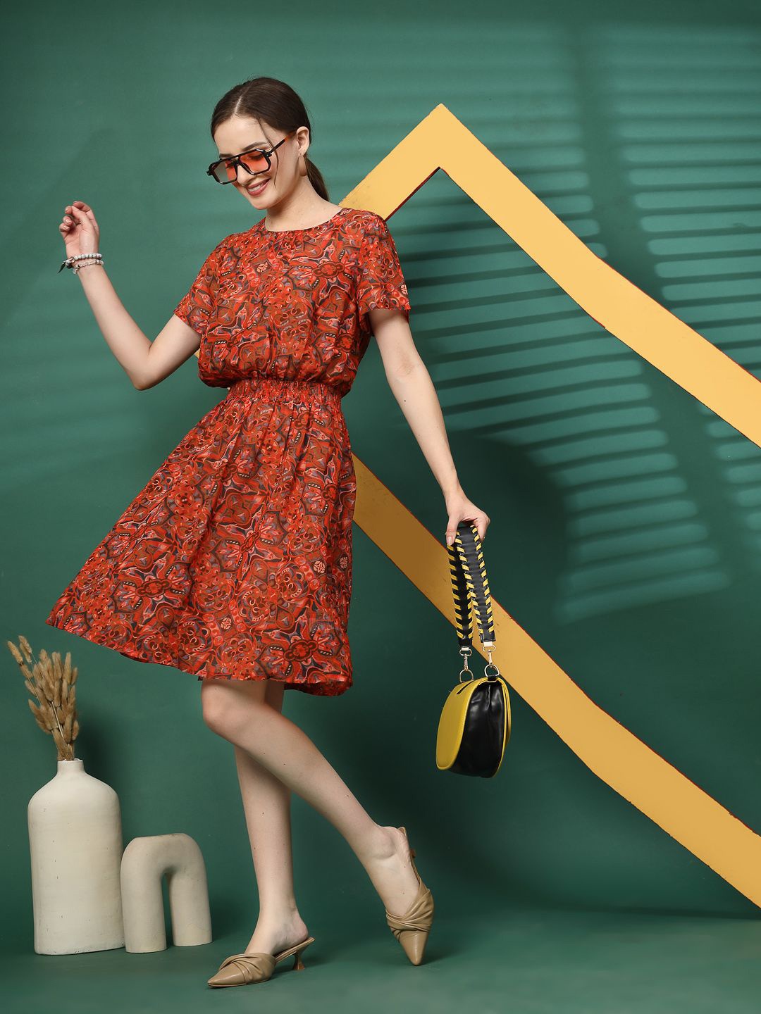 

EVERYDAY by ANI Women Printed Fit & Flare Dress, Brown