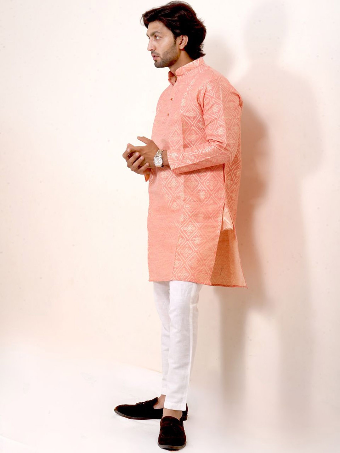 

The Kurta Studio Bandhani Printed Mandarin Collar Cotton Straight Kurta, Peach