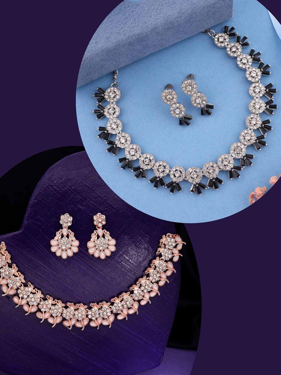 

DIVASTRI Set Of 2 Rose Gold & Silver-Plated American Diamonds Studded Jewellery Set