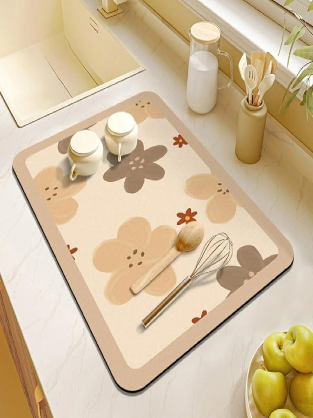 

HomeCloud Beige Floral Printed Super Absorbent Non Slip Kitchen Counter Dish Drying Mat
