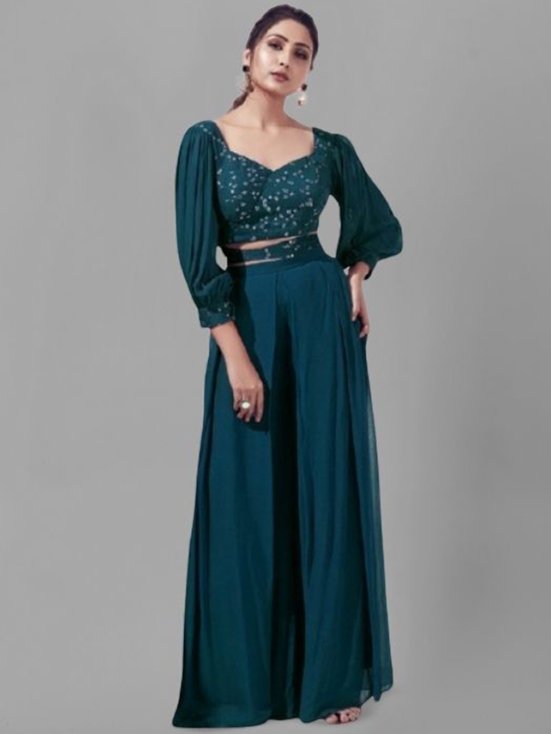 

PARROT CREATION Floral Embroidered Poly Georgette V-Neck Crop Top With Palazzos, Teal