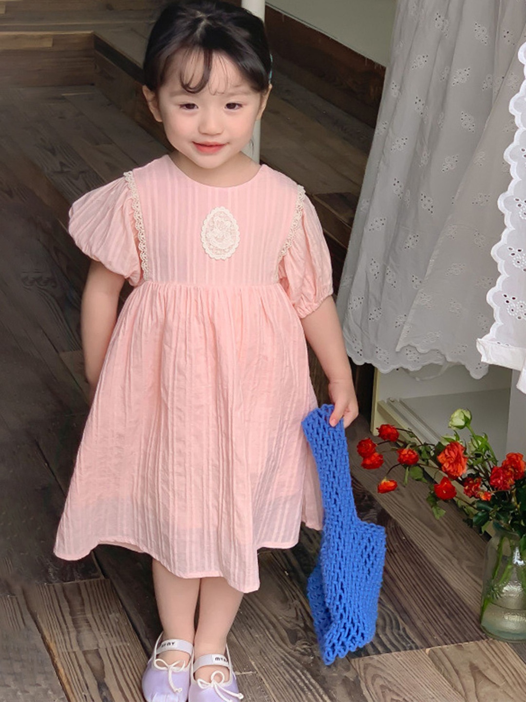 

LULU & SKY Girls Puff Sleeves Fit and Flare Dress, Pink