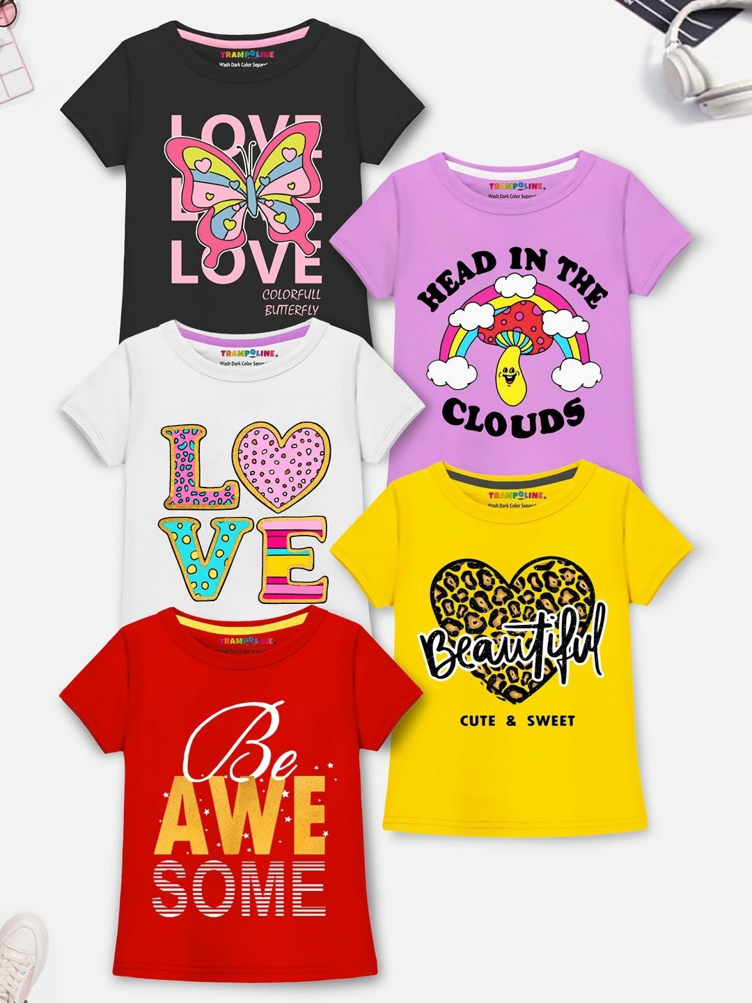 

YK X Trampoline Girls Pack Of 5 Graphic Printed Round Neck T-shirts, White