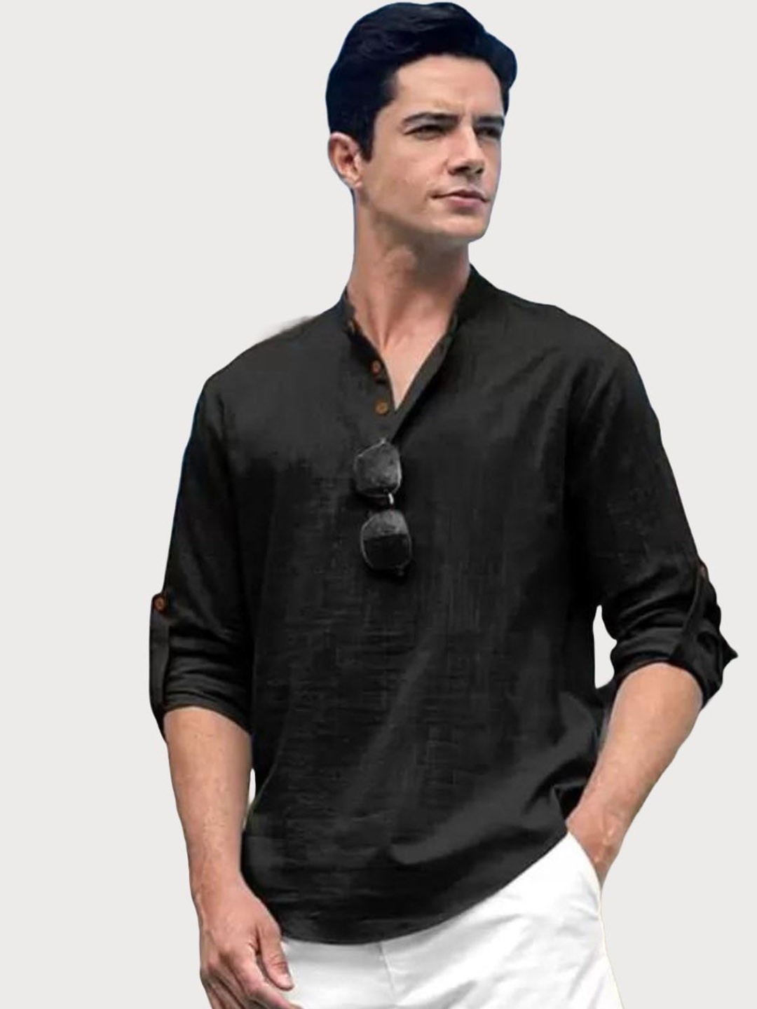 

LIFE ROADS Mandarin Collar Cotton Straight Short Kurta, Black
