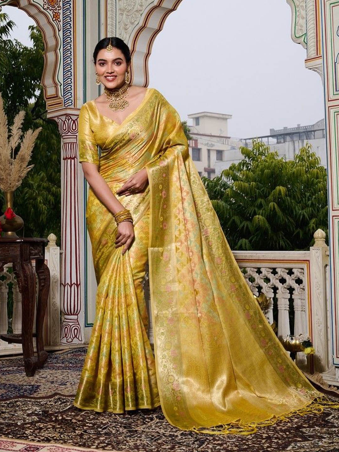 

K 5 Fashion Woven Design Zari Organza Saree, Yellow