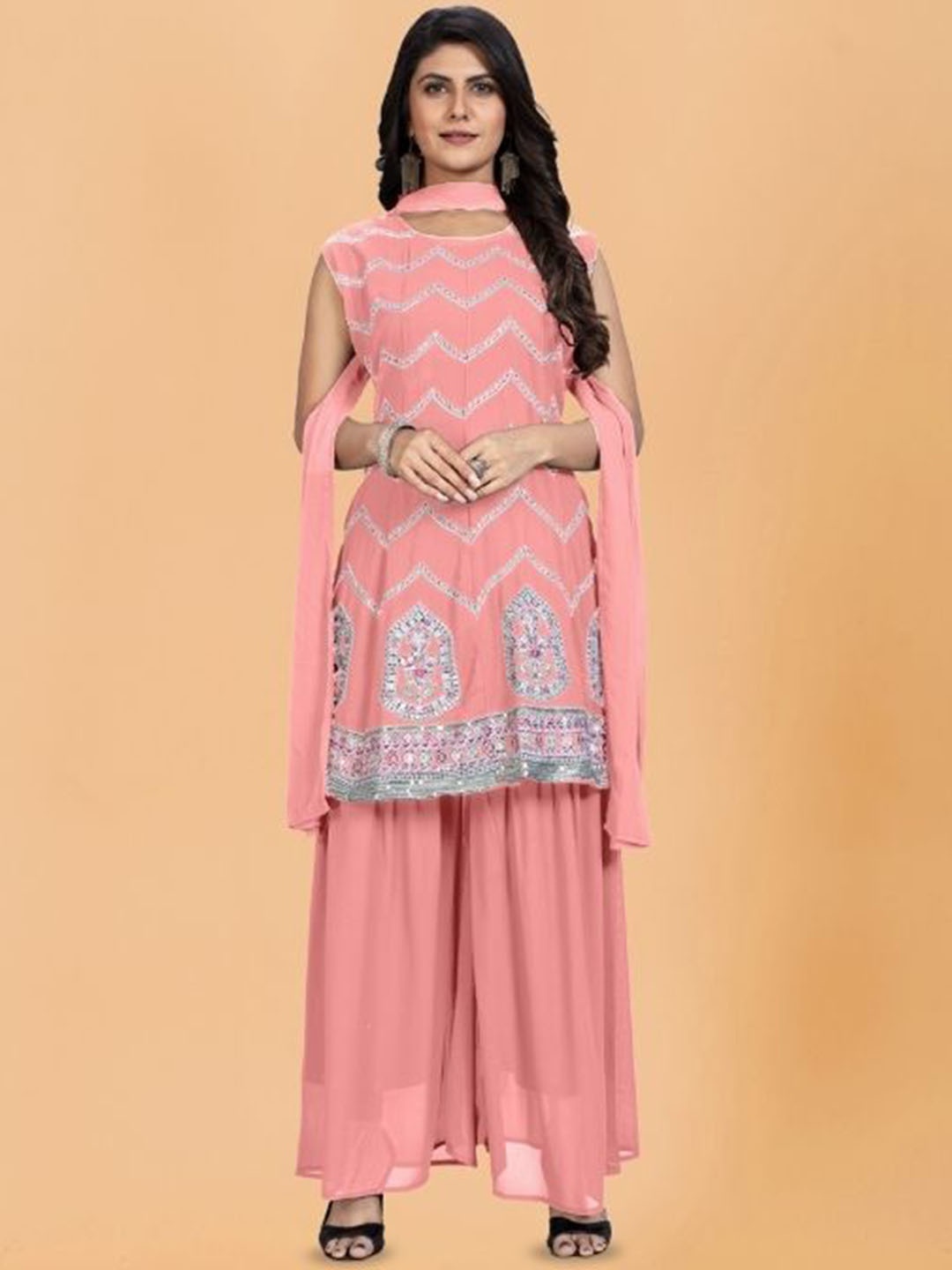 

PARROT CREATION Floral Embroidered Sequinned Georgette A-Line Kurti With Sharara & Dupatta, Peach