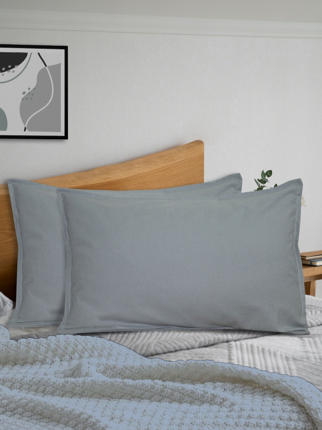 

HOME COLORS.IN Silver-Toned 2 Pieces Solid Pure Cotton Rectangle Pillow Covers