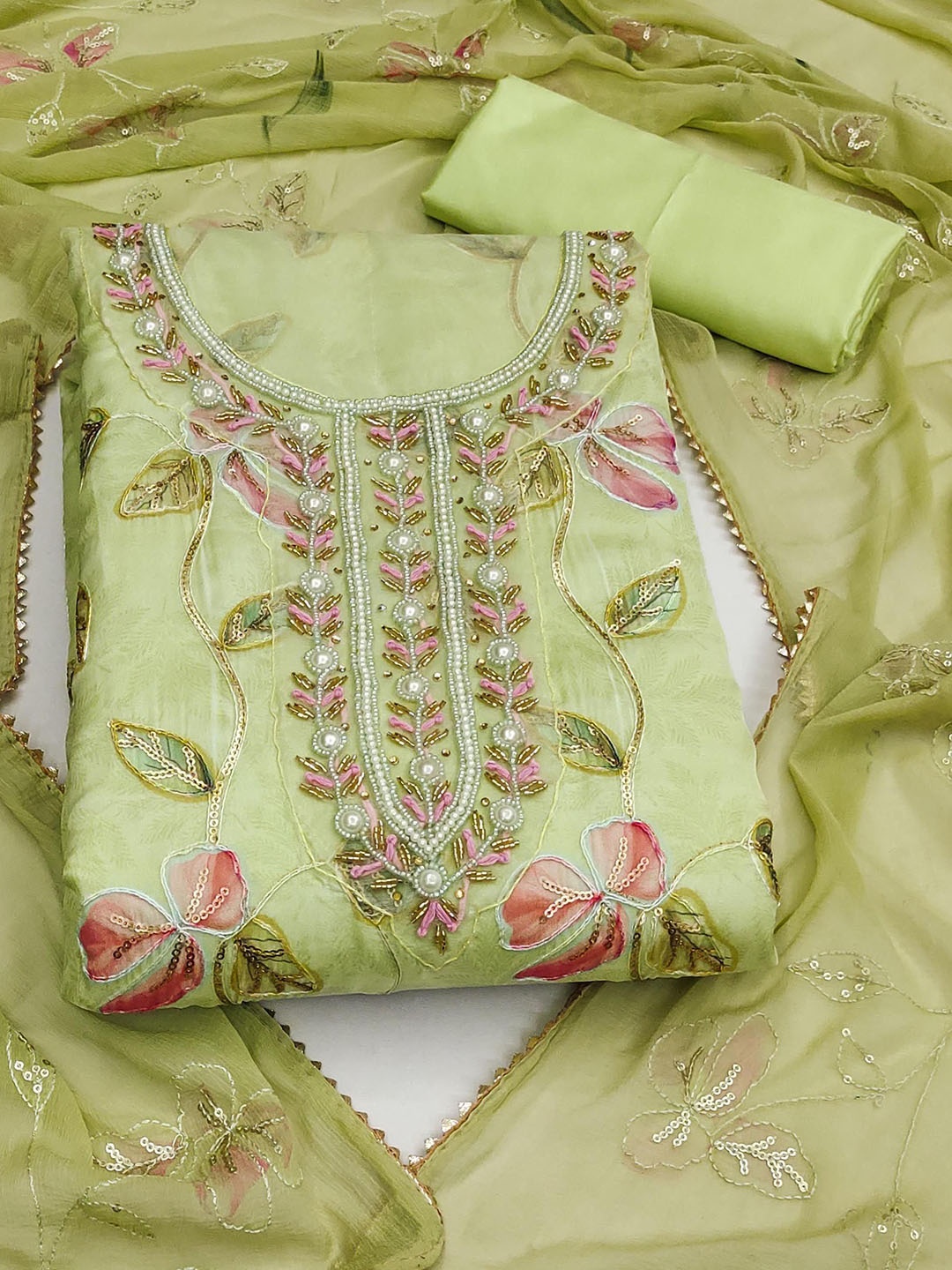 

SAINOOR Floral Printed Sequinned Organza Unstitched Dress Material, Green