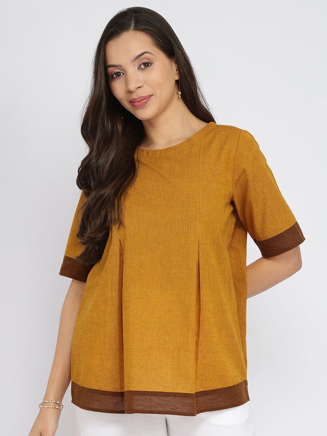 

Pink Fort Women Yellow & Brown Cotton Handwoven Colourblock Top
