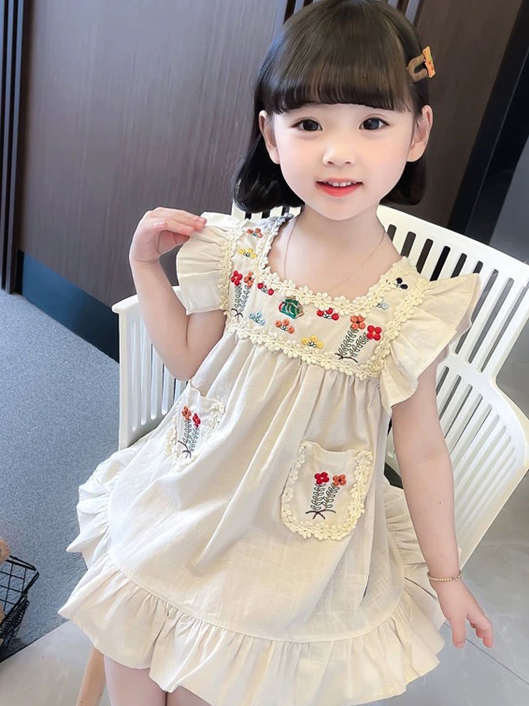 

LULU & SKY Girls Patch-pocketed Embroidered A-Line Dress, Off white