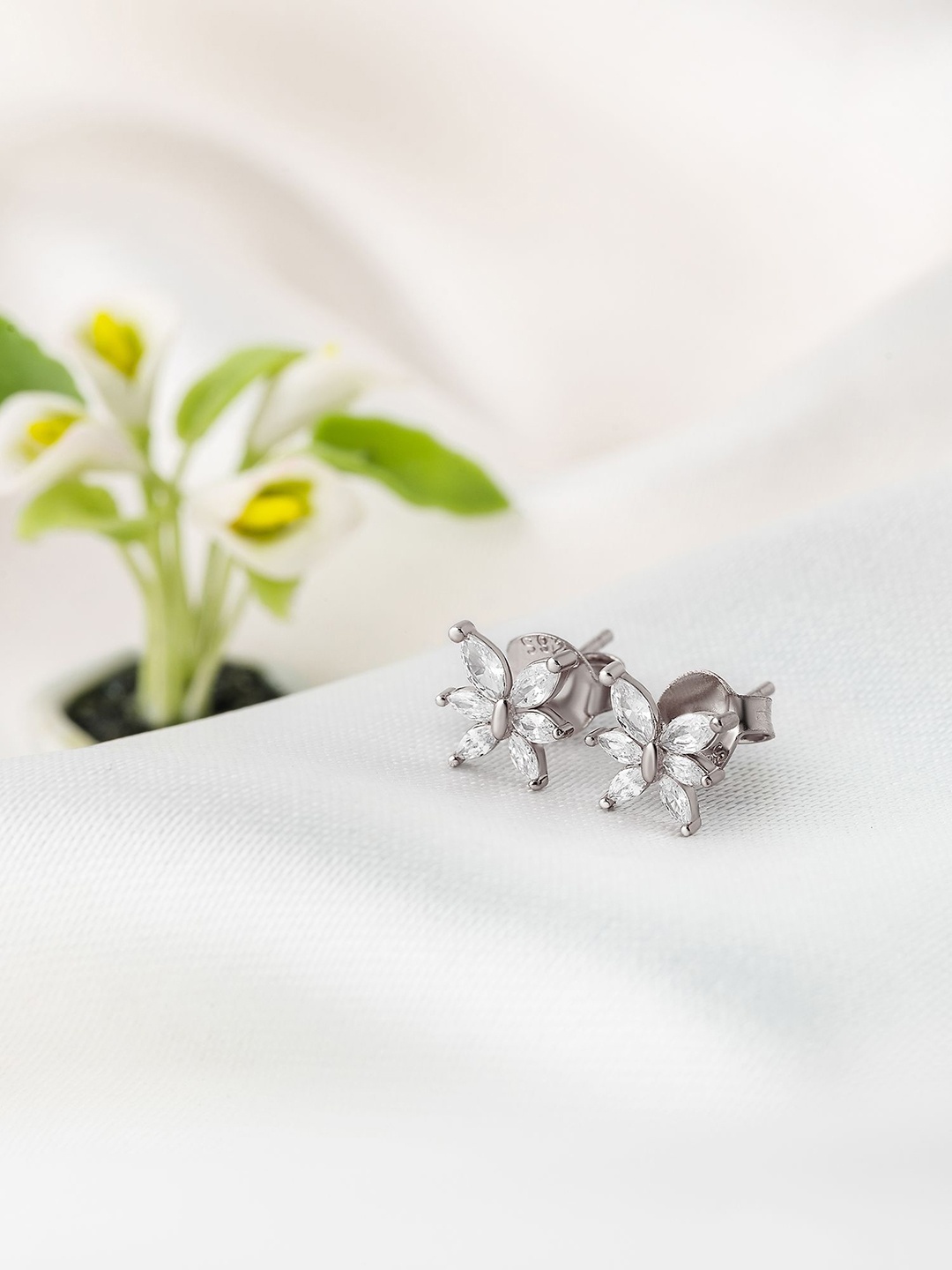 

SILBERRY 925 Sterling Silver Rhodium-Plated Cubic Zirconia Studded Lotus Studs