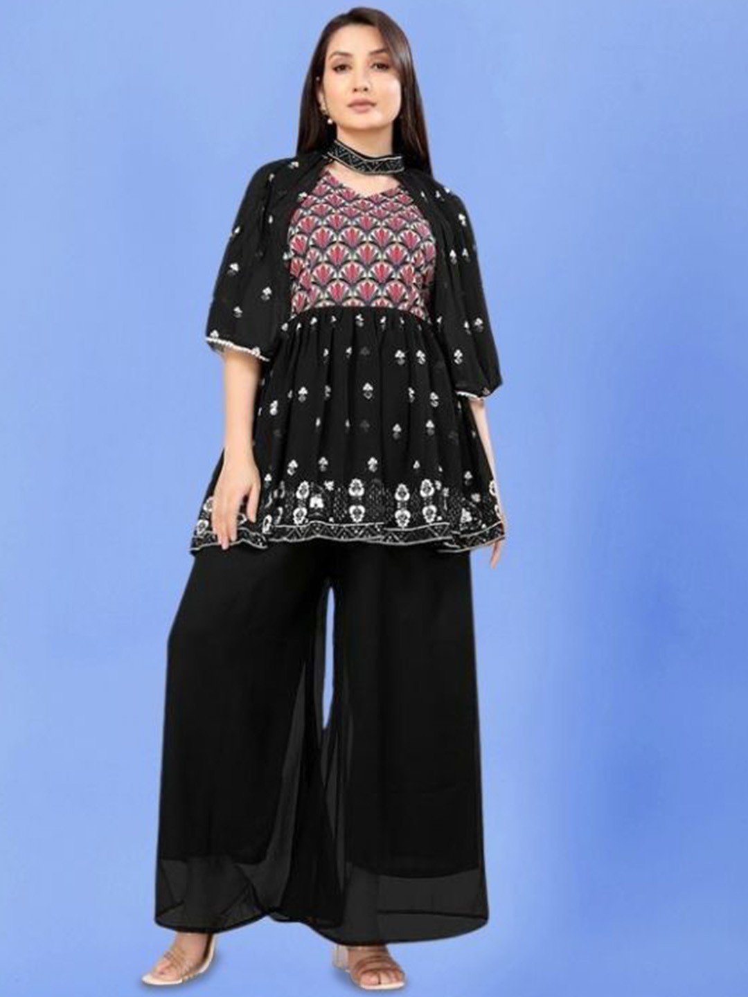 

PARROT CREATION Floral Embroidered V-Neck Georgette A-Line Kurti With Palazzos And Cape, Black