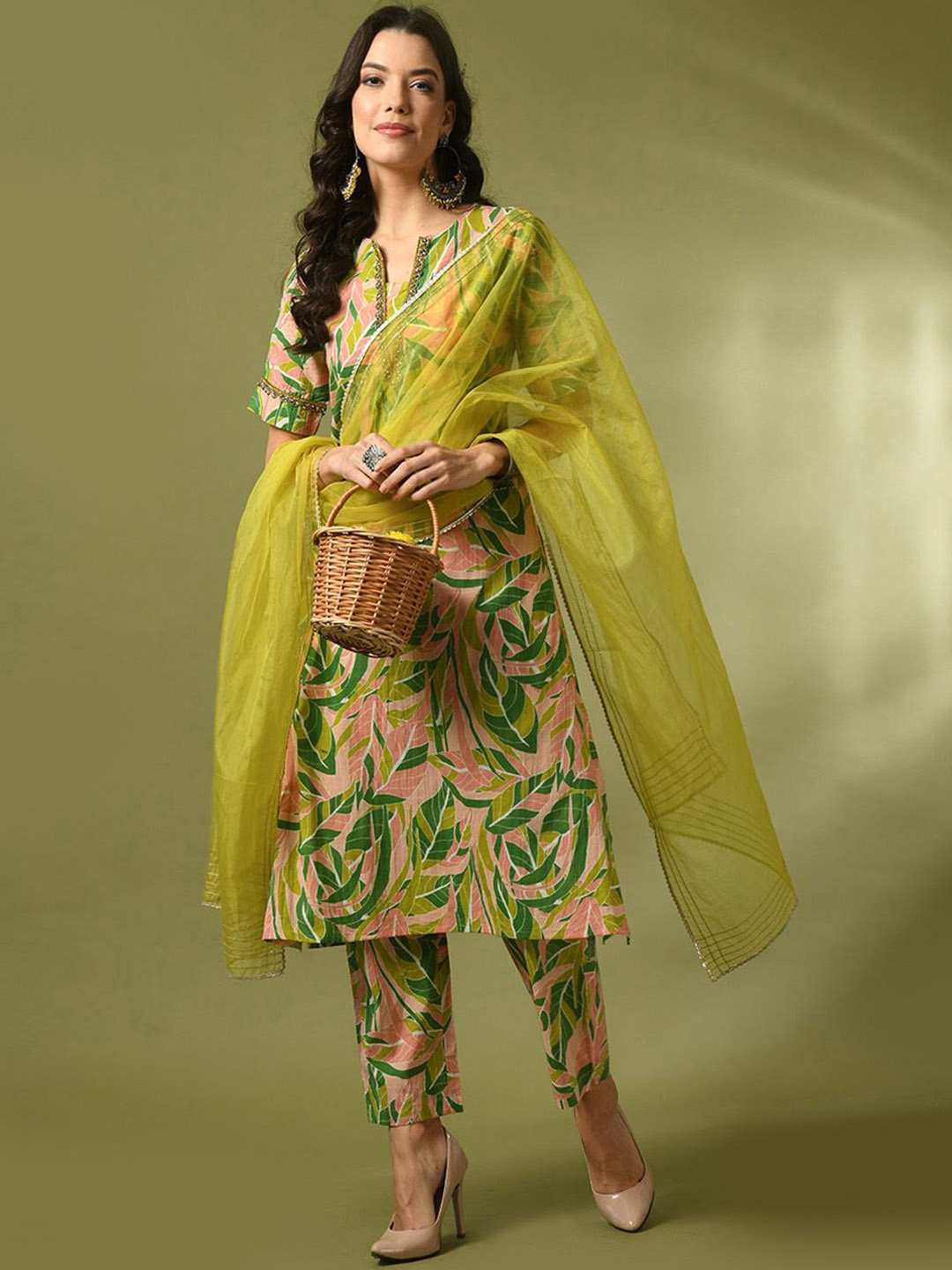 

KALINI Floral Printed Pure Cotton Straight Kurta With Trousers & Dupatta, Peach