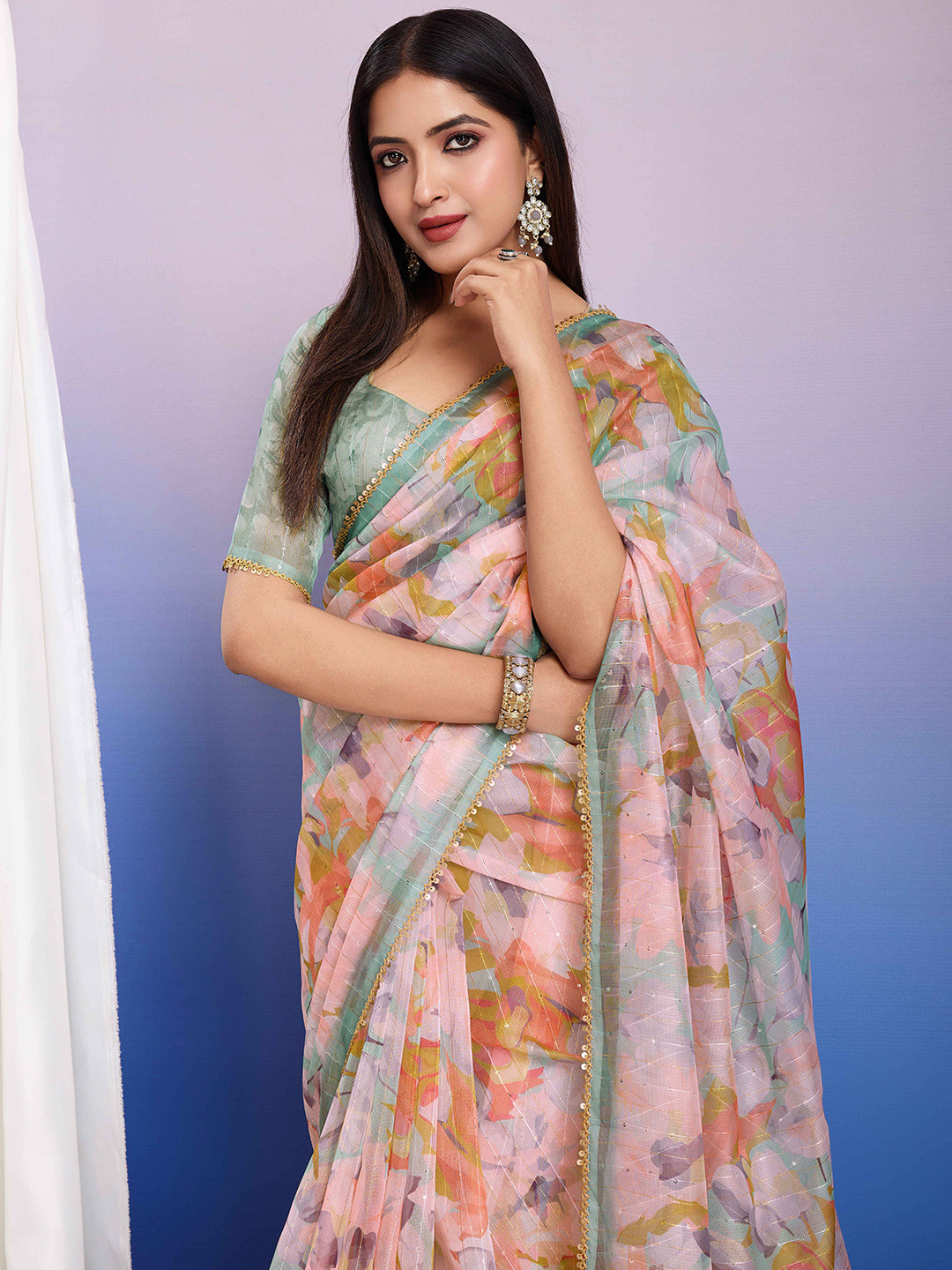 

Mitera Floral Sequinned Organza Designer Saree, Peach